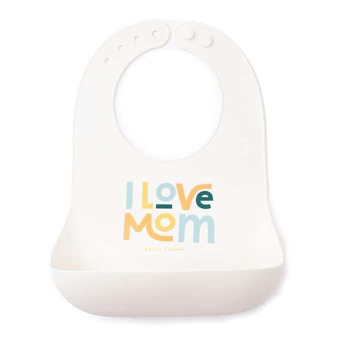 Bella Tunno Baby Bib for Eating, Waterproof Silicone Bib with Large Food Catcher, Adjustable Fit for Babies 4-12 months & Toddlers 1-3 Years, Boys & Girls, I Love Mom