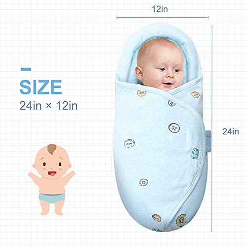 Premium Soft Cotton Baby Swaddle Blankets, Unisex Baby Blanket Wrap for Newborn Baby Boys Girls, Skin Friendly Wearable Swaddling Sleep Sack Calms Startle Reflex (Button, Blue, 0-3 Months)