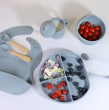 Silicone Baby Feeding Set | BPA-FREE |9 PCS Baby Led Weaning Supplies Self Feeding Utensils | Divided Suction Plate Bowl Bib Training Sippy Cup Spoon Fork (Blue)