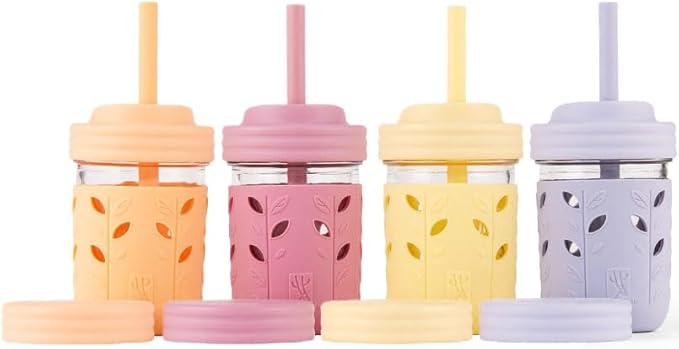 Elk and Friends Kids + Toddler Glass Cups | The Original 8oz Glass Mason Jar with Sleeves + Lids | Silicone Straws + Stopper | Smoothie Cup | Food Storage | Spill Resistant | Dishwasher Safe | 4 Pack