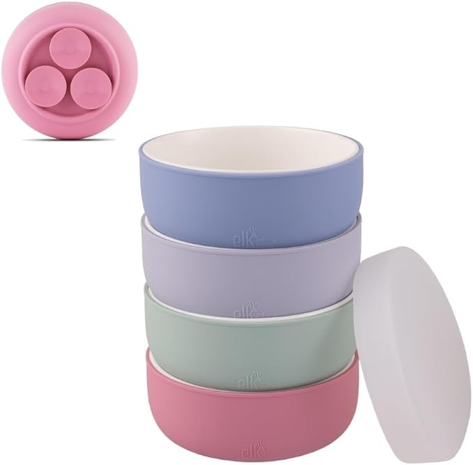 Elk and Friends Kids Porcelain Bowls with Silicone Suction Sleeve + Silicone Lid | Kids/Toddler/Baby Feeding | Microwave & Dishwasher Safe | Non slip | Cereal/Soup/Snack Dishes & Dinnerware