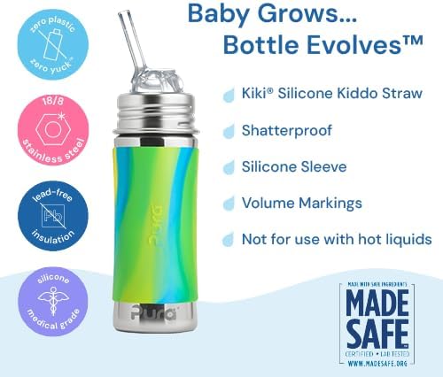 Pura Kiki 11oz/325ml Stainless Steel Straw Bottle w/Sleeve, 100% Plastic-Free, MadeSafe Certified, 100% Medical-Grade Silicone Straw for Kids, Toddlers, Preschoolers, Babies & Infant - New Pink Swirl