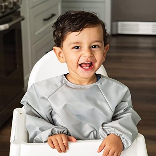 Tiny Twinkle Long Sleeve Bib for Babies & Toddlers – 2 Pack Waterproof Smock Bibs for Eating – Machine Washable & Mess-Proof, Baby Feeding Essential & Shower Must-Have (Grey Indigo,6–24M)