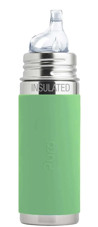 Pura Kiki 9oz/260ml Stainless Steel Insulated Sippy Bottle w/Sleeve, Plastic-Free, MadeSafe Certified, Medical-Grade Silicone Sipper Spout Fast Flow Rate for Kids, Toddlers, Babies & Infant – Moss