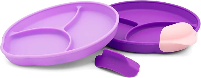 Silicone Easy Scoop & Hold Plate Set - Baby and Toddler Training Plates with Clip-On Rims for Easy Scooping, Self-Feeding and Baby Led Weaning, 6+ months (Plum)