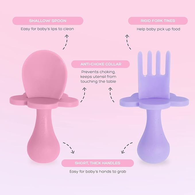 Grabease Baby Feeding Utensils Set - Infant and Baby Fork and Weaning Spoon for Ages 1-11 Months, BPAs and Phthalate-Free Cutlery, 2 Sets, Blush and Lavender