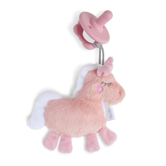 Itzy Ritzy Pacifier & Lovey Set - Includes Silicone Pacifier with Stuffed Animal Lovey - Detachable Plush Unicorn Binky Holder & Coordinating Pink Silicone Binky Ideal for Ages 0 Months & Up