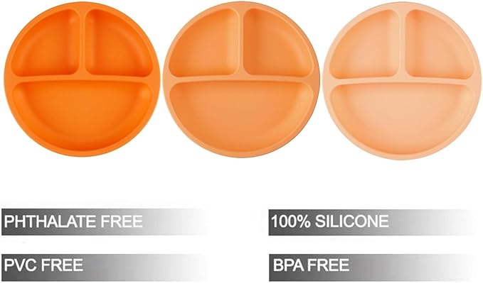 PandaEar 3 Pack Toddler Plates, Silicone Divided Suction Plate for Babies, BPA-Free 100% Food-Grade Silicone Unbreakable Baby Plate (Orange)