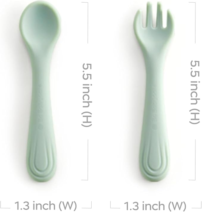 Bc Babycare Portable 4 Pack Baby & Toddler Self Feeding Fork and Spoon Set with Storage Case, BPA-Free Silicone Utensils for Boys and Girls, Safe & Easy to Carry, Blue & Green