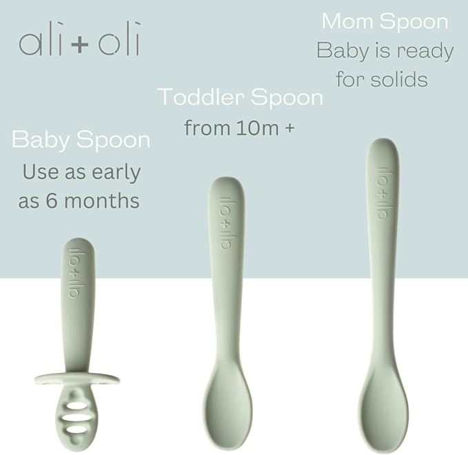 Ali+Oli (3pc) Silicone Spoon Set for Baby (Pine) Unbreakable Baby Spoons, Self Feeding Utensils, Multi-stage Design, Ergonomic Handle