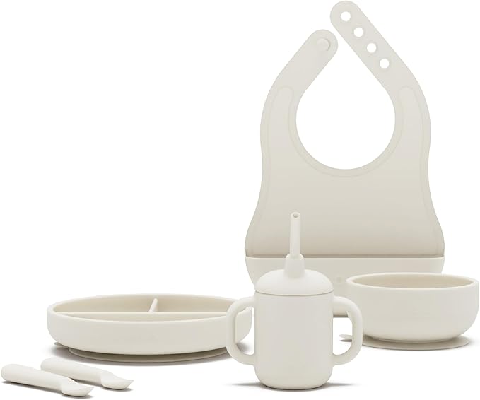 Lalo First Bites Silicone Baby Feeding Set - Baby Led Weaning Supplies - Non-Toxic Silicone - Includes 1 Bib, 2 Spoons, Training Cup, Suction Plate and Bowl - 6 Pieces - Oatmeal