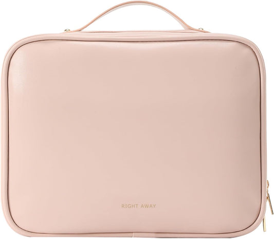 RIGHT AWAY Travel Toiletry Bag for Women,Large Makeup Bag& Cases,Waterproof Cosmetic Organizer Bag with Compartments,Portable Make Up Bag for Travel Size Toiletries,Skincare,Brushes Set,Pink