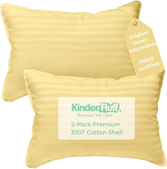 kinder Fluff Kids Pillows (2Pack) 13x18in - Small Pillow for Kids Age 2+, 100% Cotton Sateen Stripes Shell 300T, Down Alternative Fill, Machine Washable - Children & Travel Cushion - Yellow - S