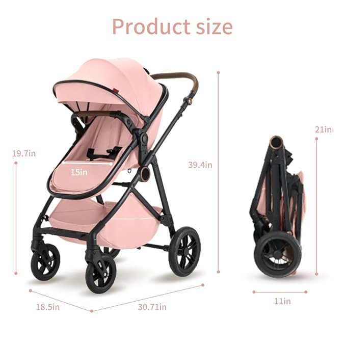 2 in 1 Baby Stroller, High Landscape Infant Stroller Pram Foldable Pushchair with Adjustable Canopy, Storage Basket,5-Point Harness,Mom Bags (Black)