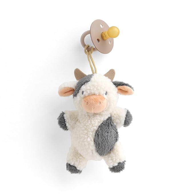 Itzy Ritzy Pacifier & Lovey Set - Natural Rubber Pacifier with Stuffed Animal Lovey - Detachable Plush Cow Binky Holder & Coordinating Natural Rubber Binky, Ideal for Ages 0-6 Months (Cow)