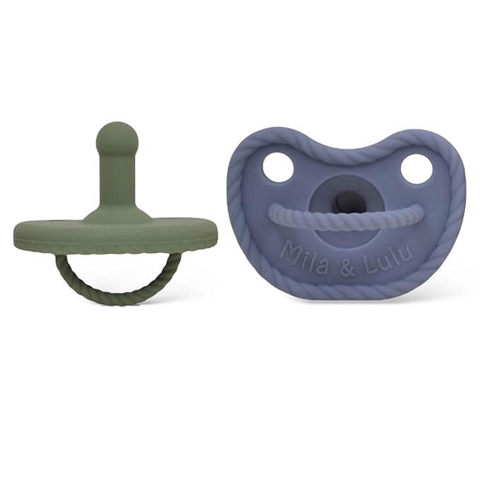 Mila & Lulu Round Shape Silicone Pacifiers (Set of 2); 0 Months and up; 100% Food-Grade Silicone; Ultra-Light Silicone Binkies Set; 1 Piece Design (Olive/Ocean)