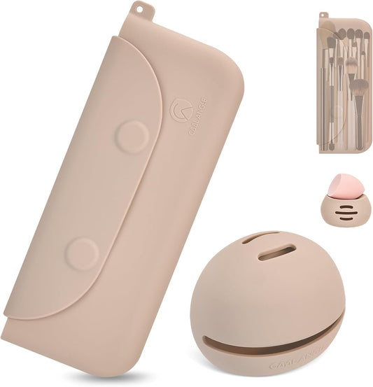 Silicone Makeup Brush Holder And Beauty Sponge Case, Travel Makeup Brush Case With Magnetic Closure, Makeup Sponge Holder 2 In 1 Stand Storage For Quick Drying Khaki