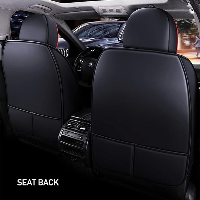 Waterproof 5 Car Seat Covers for Suzuki 1999-2025 95% Models, Premium Faux Leather Automotive Front and Back Seat Protectors Compatible with Airbag Black & Red Line