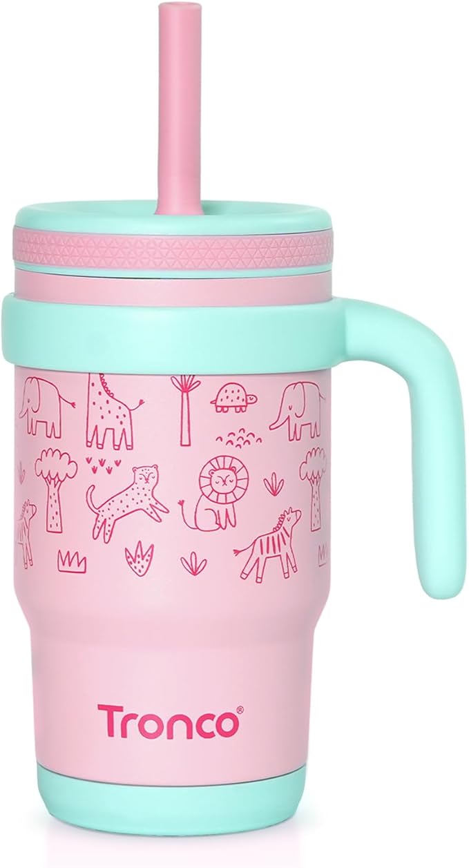Tronco 14 oz Kids Insulated Tumbler with Handle & Spill Resistant Flexible Straw, BPA-Free Stainless Steel Toddler Cups with Lids, Splash-Proof Kid Drinking Cup Travel Mugs, Hand Wash Only