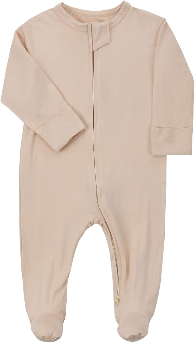 Aablexema Baby Zipper Pajamas Bamboo Rayon, 3pcs Unisex Infant Onesie with Mitten Long Sleeve Footed Pjs