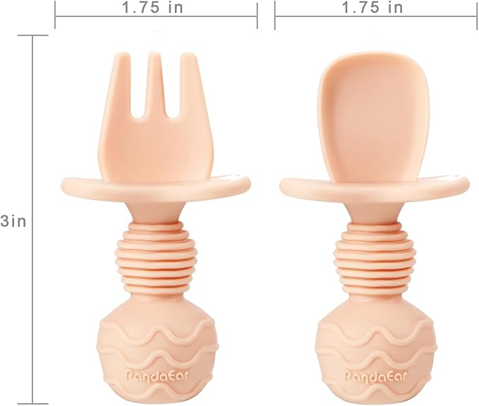 PandaEar 2 Pack Silicone Divided Suction Plates with 2 Spoons 2 Forks for Babies & Toddlers | Baby Led Weaning Supplies Self Feeding Eating Utensils | BPA-Free Silicone Baby Feeding Set -Pink & Linen