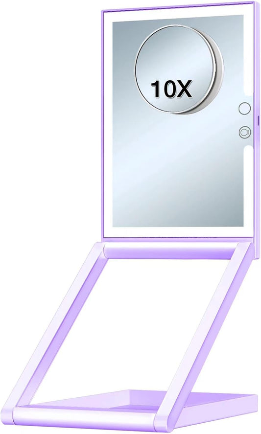 10X Magnifying Lighted Makeup Mirror, Rechargeable, ABS & Glass, Tabletop Mount, 3 Color Lighting, 1200mAh Battery