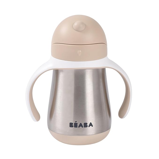 Beaba Stainless Steel Straw Sippy Cup, Insulated Toddler Cups Spill Proof with Removable Handles, Made with High Grade Stainless Steel, 8+ months, 8.5 oz Oat