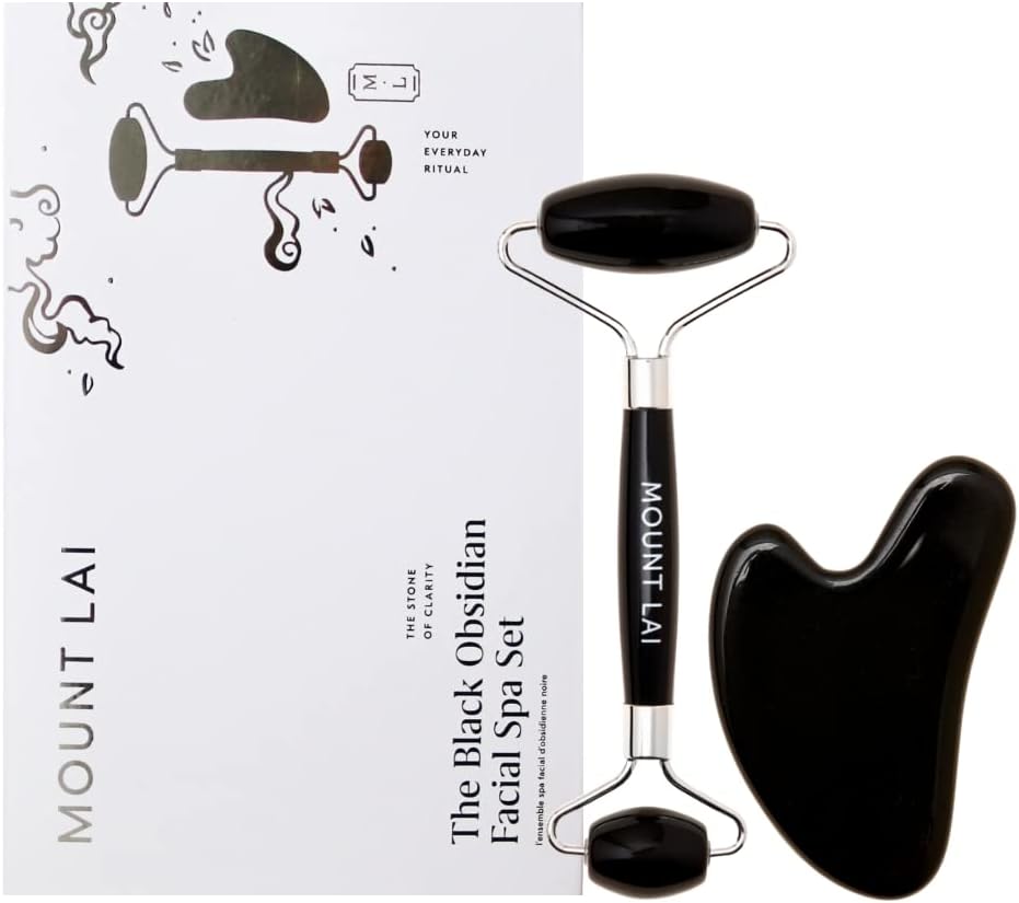 Mount Lai Obsidian Gua Sha Facial Tools, Black Obsidian Gua Sha Facial Tools Set and Roller, Guasha Tool for Face to Relieve Muscle Tension and Reduce Puffiness, Anti Aging Skin Care Sets for Women