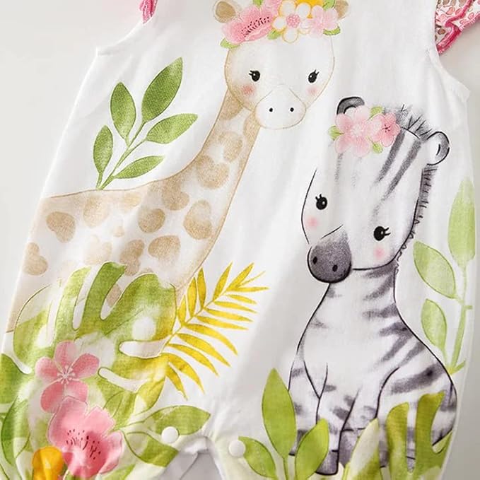 Cute Giraffe + Zebra With Floral Print Long Sleeve Baby Girl Clothes White Jumpsuit For Baby One-Piece Romper