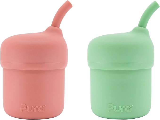 Pura my-my Silicone Straw Cup| Spill Proof, Reusable, Food Grade Silicone, Plastic-Free | For Kids, Toddlers, Babies & Infants - 2 Pack Rose & Moss