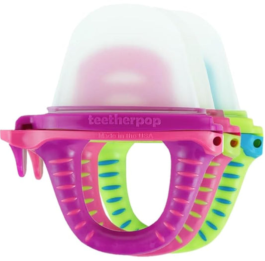 Teetherpop Fillable Silicone Teether for Babies (3-Pack) – Breastmilk Popsicle Molds for Teething w/Spill-Proof Sippy Slits – Freezable Baby Teethers for Liquid & Purée (Fucshia/PinkLemon/BlueLemon)