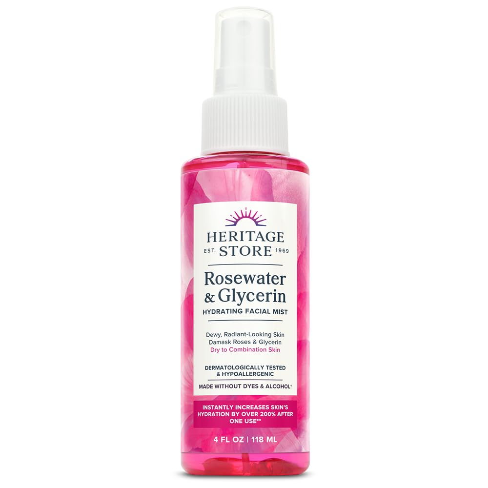 HERITAGE STORE Rosewater & Glycerin Hydrating Facial Mist - Dry Combination Skin Care - Rose Water Spray w/ Vegetable Glycerine, Made Without Dyes or Alcohol, Hypoallergenic, Vegan, Cruelty Free, 4oz