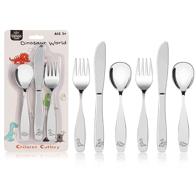 Lehoo Castle Kids Silverware Stainless Steel 6 Piece - Toddler Spoons and Forks Knife Set, Metal Kids Cutlery Set, Toddler Utensils Self Feeding (Dinosaur World)