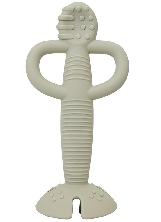 Busy Baby Teething Spoon - 2-in-1 Teether and Training Spoon for Self Feeding, Dishwasher Safe, BPA Free, Food Grade Silicone (Tan)