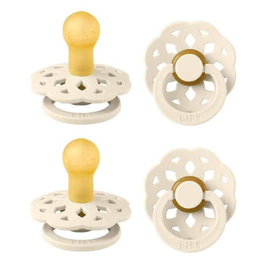 BIBS Boheme BPA-Free Pacifier Set for 0–6 Months | Natural Latex Round Teats | Soft Rubber Infant Soothers | 4-Pack | Made in Denmark | Ivory