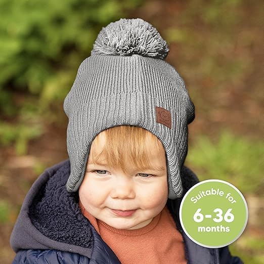 Baby Beanies, Baby Hats for Boys, Girls - Cute Toddler Winter Hat, Soft & Stretchy Beanies for Infant, Newborn 6-36 Months, Cozy & Warm with Earflap Muff & Pom (Gray)