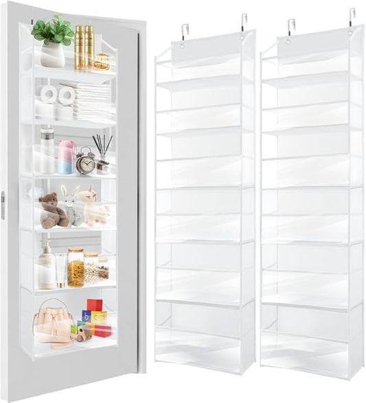 HOMELUX THEORY 2 PC Heavy Duty Over the Door Organizer 55x14x6.7, 6 Large Front & 12 Side Pockets, Hanging Storage Closet Door Organizer for Bedroom, Bathroom and Baby Nursery Storage (Transparent)