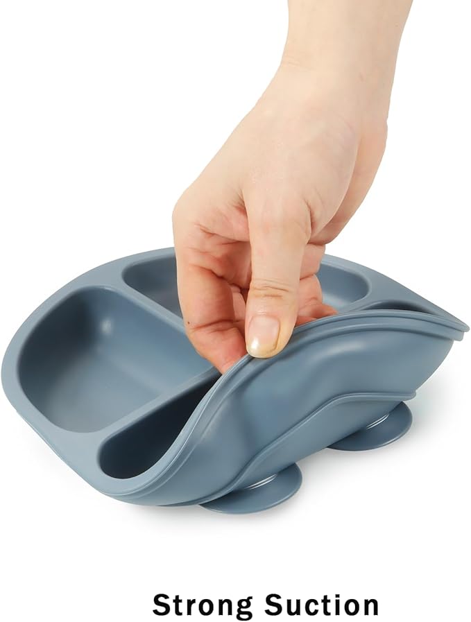 PandaEar Baby Feeding Set, 3 Pack Toddler Plates with 3 Spoons, 100% Silicone Divided Suction Plate for Babies, BPA-Free, Dishwasher and Microwave Safe -Blue/Red/Brown