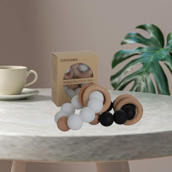 Silicone Baby Teether, Food Grade Silicone & Beech Baby Teething Toy, BPA Free (White)