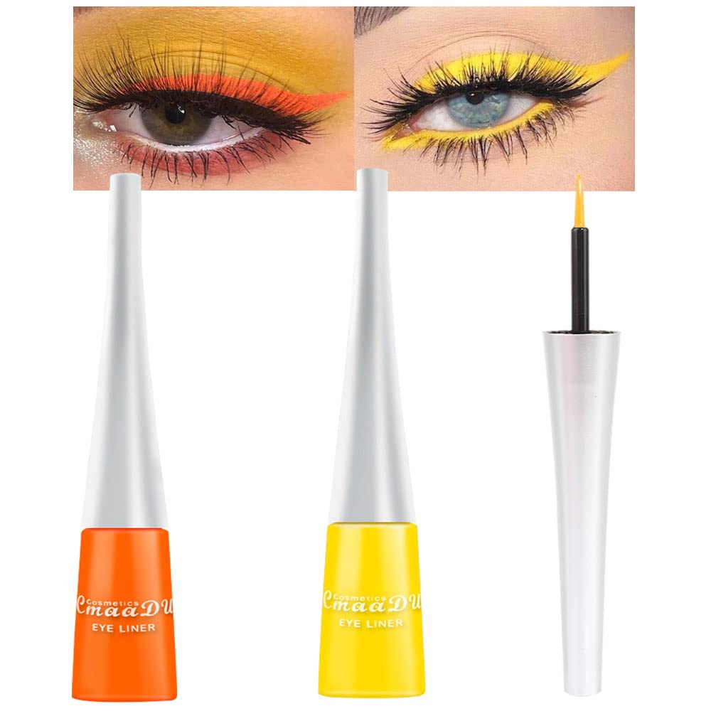 evpct 2Pcs Orange Yellow Liquid Eyeliner Set Waterproof Neon Orange Yellow Eye Liners Liquid for Women Stamps Shapes for Eyes delineadores de colores para ojos delineador de ojos contra el agua 07&09