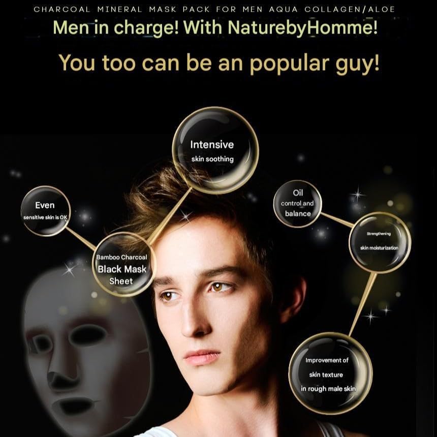 Charcoal Mineral Mask Pack for Men, Korean Skincare Face Wrinkle Treatmen Mask Sheets, Men's Skin Care Sets, Travel Essentials & Gift Sets for Men (Aloe Soothing, Pack of 10pcs)