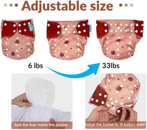 Baby Cloth Diapers Set - 4 Pack with 4 Inserts & 1 Wet/Dry Separation Bag, Reusable Infant Toddler Nappy, Adjustable Pocket Diapers for Baby Boys and Girls (6-33 pounds, 0-3 Years)