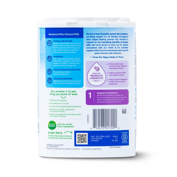 Happy Baby Organics Stage 1 A2 Infant Formula, 0 12 Months, Milk Based Organic Baby Formula Powder with A2 Milk, Probiotics & Prebiotics for Immune & Digestive Support, 22.9 Ounce (Pack of 3)