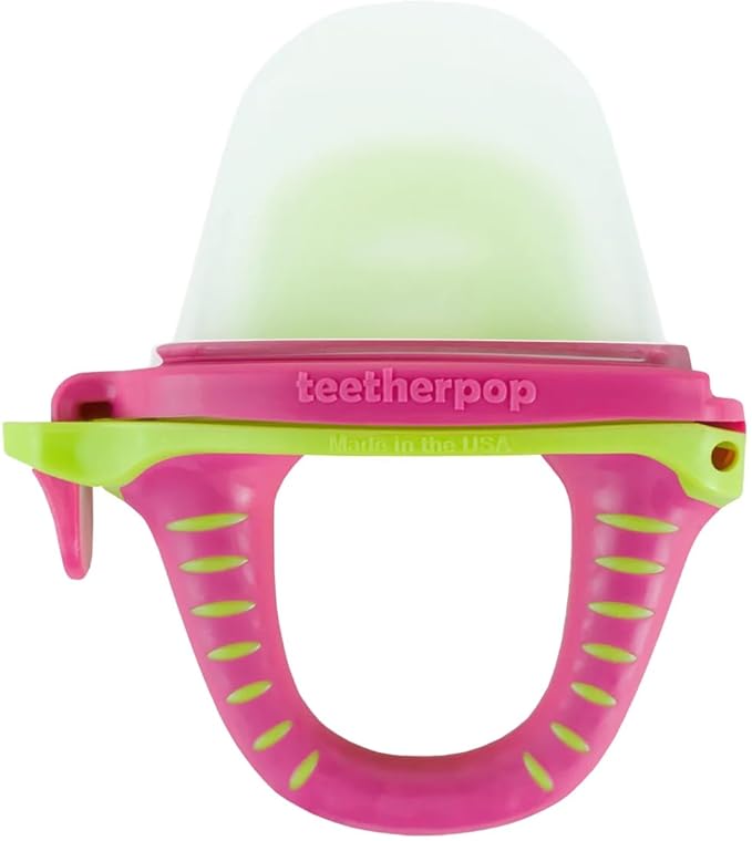 Teetherpop Fillable Silicone Teether for Babies – Breastmilk Popsicle Molds for Teething with Spill-Proof Sippy Slits – Freezable Baby Teethers for Liquids & Purées - Cool Teething Relief (PinkLimon)
