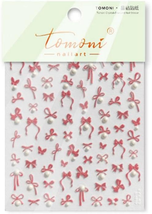 Bow Nail Art Stickers 5D Embossed Nail Decals Self Adhesive Red Nail Sticker for Nail Art Pearl Design for Women Girls Supplies Nail Art Decorations Accessories