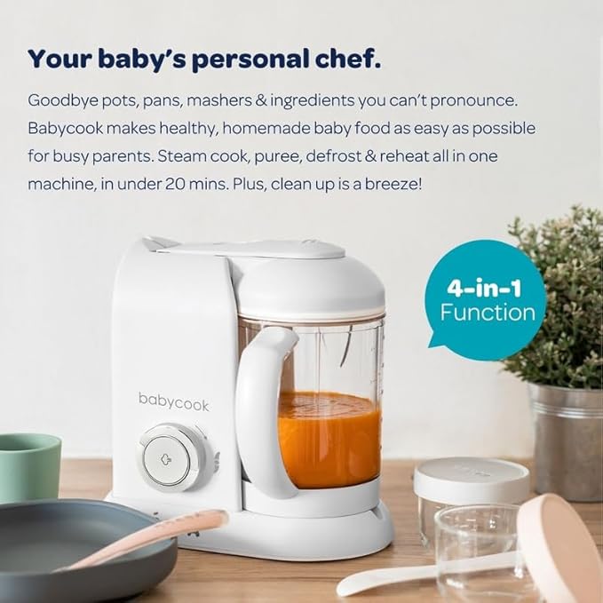 BEABA Babycook Solo 4 in 1 Baby Food Maker, Baby Food Processor Baby Food Steamer, Lrg Capacity 4.5 Cups 27 Servings in 20 Mins, Auto Steam Cooking, Puree Blender, White