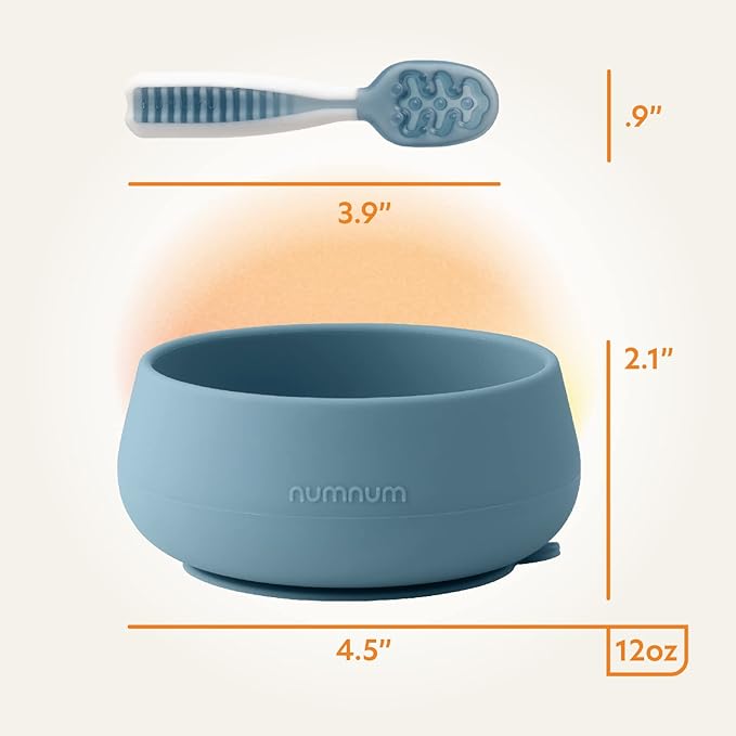 NumNum Baby Bowl & 2 Pack GOOtensils Baby Spoons, Suction Bowls for Baby 4+ Months, Extra Strong Non-Slip Suction, 100% Food-Grade Silicone, BPA-Free, Microwave & Dishwasher Safe (Blue/Green)