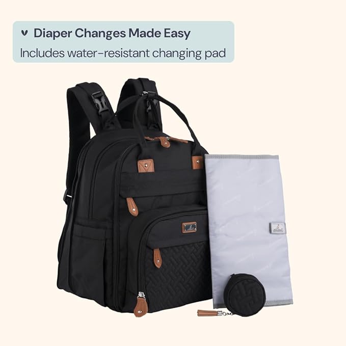 BabbleRoo Extra Large Diaper Bag Backpack, Expandable Baby Bag with Up to 50% More Capacity - Travel Essentials Baby Bag Tote with Changing Pad, Stroller Straps & Pacifier Case - Unisex, Black