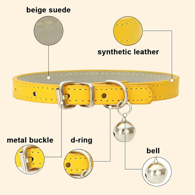 Hot Pink Puppy Collar with Bell, Soft Pu Leather Cat Collars Adjustable Buckle - Image 4