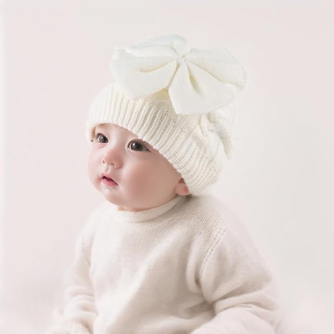 JANGANNSA Winter Warm Knitted Baby Hat for Girls Cotton Lined Infant Toddler Hat Autumn Cute Bow Classic Girls Beanie 0-6Y